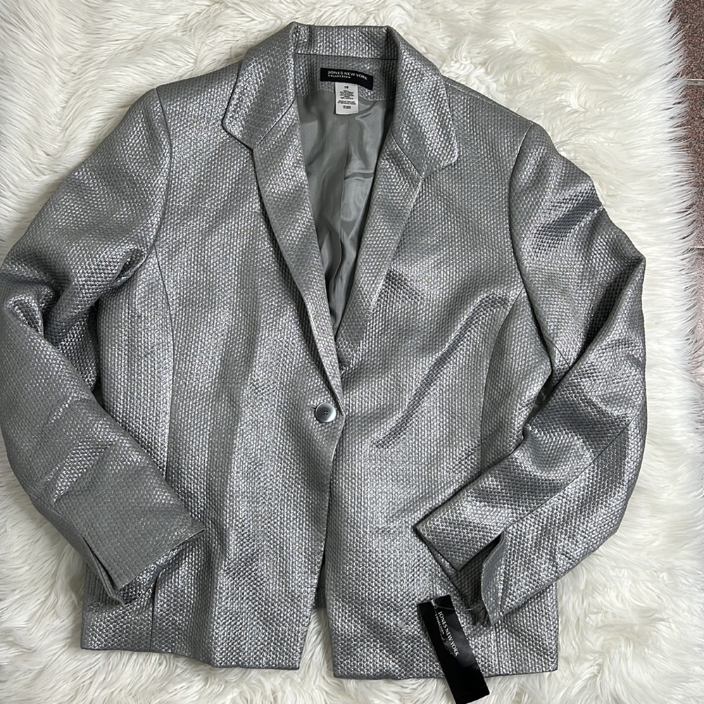 Jones New York Collections Size 16 Metallic Silver Blazer Evening Career